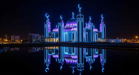 A stunning mosque illuminated with vibrant blue and purple lights at night, reflected in a serene...