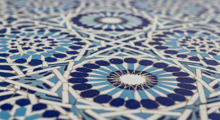 A close-up view of a beautiful blue and white mosaic tile pattern with intricate designs and shapes