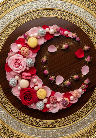 A beautifully arranged floral wreath on a wooden plate with macarons and pearls