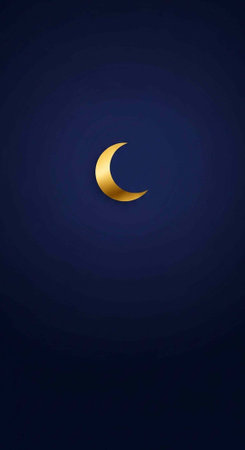 A golden crescent moon shines brightly in a dark blue night sky with a subtle glow around it.の写真素材