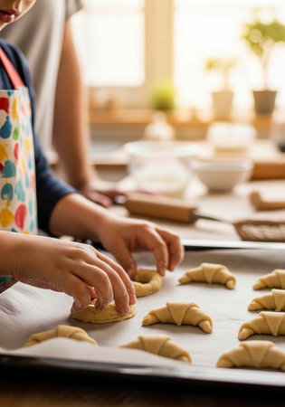 A child in a colorful apron carefully places a croissant on a baking sheet in a bright kitchenの写真素材