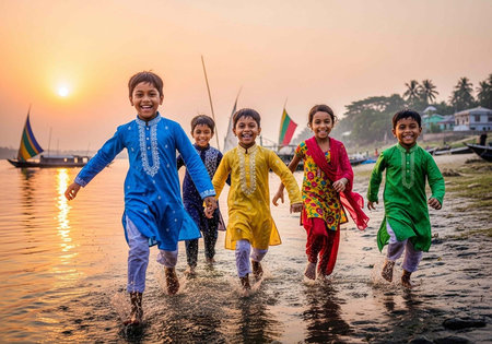 Children in traditional clothing running along the beach at sunset with boats and flags in the...