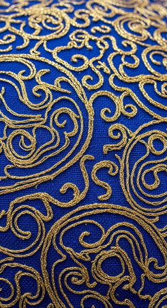 A close-up view of a luxurious blue fabric with intricate golden embroidery patternsの写真素材