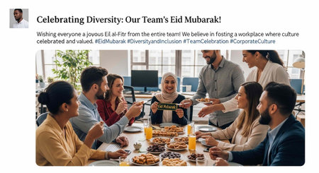 A diverse group of people celebrating Eid Mubarak together in a modern office setting with food and...