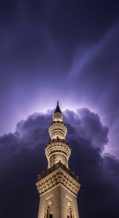 A tall tower stands against a dramatic stormy sky with lightning illuminating the clouds