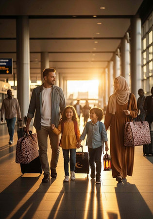 A diverse family of four walking together in an airport terminal with luggageの写真素材