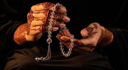 A person with henna tattoos on their hands holding a silver necklace in a dark setting.