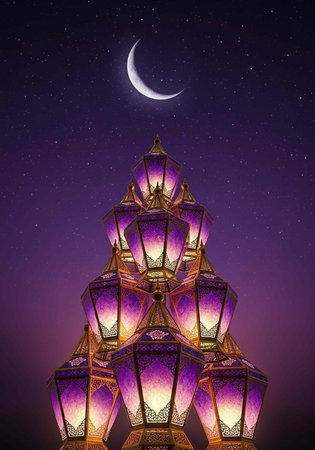 A serene night scene featuring a stack of colorful lanterns under a crescent moon and starry sky