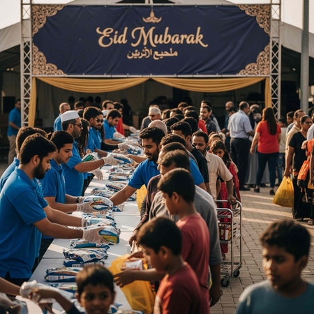 A crowd of people gathered around a long table for a festive meal under a banner that reads Eid...