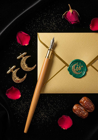 A beautifully arranged still life with a fountain pen, envelope, and romantic accessories on a black backgroundの写真素材