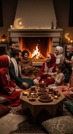 A diverse family gathers together in a cozy living room with a warm fireplace during the holiday...