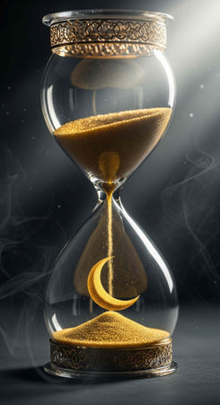 A beautiful hourglass with golden sand and a crescent moon shape on a dark background with smoke