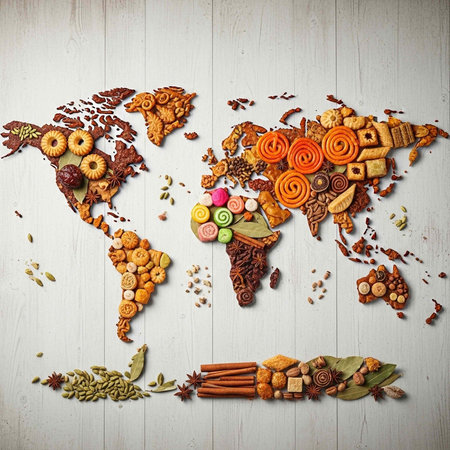 A creative map of the world made from various colorful food items and spices on a wooden backgroundの写真素材
