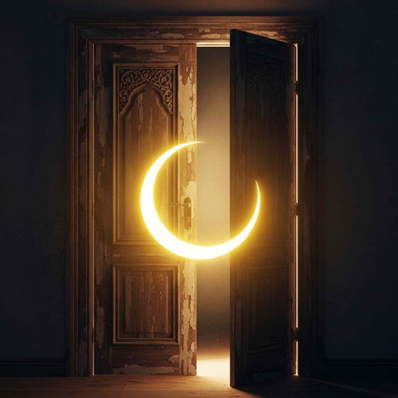 A bright crescent moon shines through an open wooden door in a dark roomの写真素材