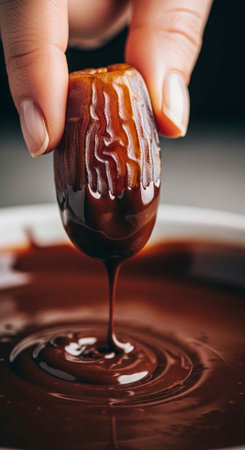 A hand drizzling chocolate sauce over a date for a sweet and indulgent treat