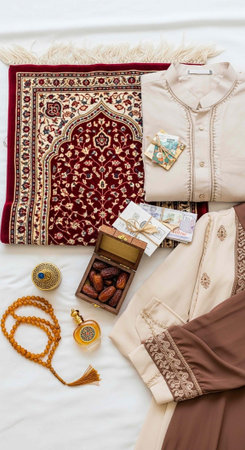 A collection of traditional Islamic clothing and accessories for Ramadan or Eid celebrations on a white backgroundの写真素材