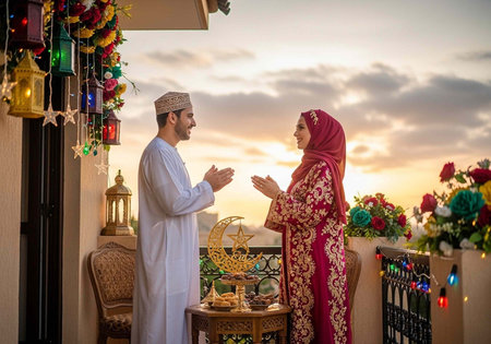 A man and woman in traditional attire standing on a decorated balcony during a serene sunset