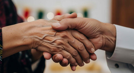 Close-up of two people shaking hands in a blurred background