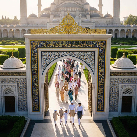 A large crowd of people walking through an ornate archway in front of a beautiful mosque or temple