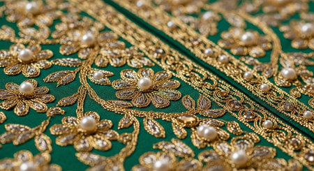A close-up view of intricately designed green fabric with golden floral embroidery and pearls