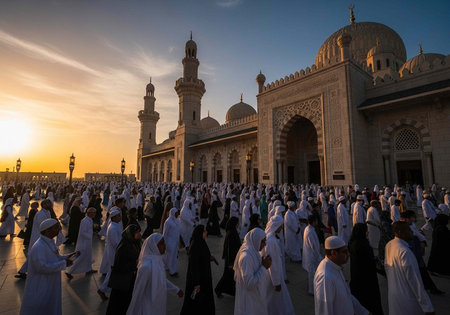 A large crowd of people in traditional clothing gathered outside a mosque at sunset