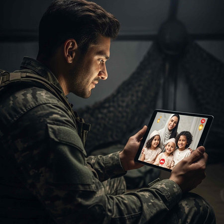 A soldier in military uniform video chatting with his family on a digital tablet in a dark roomの写真素材