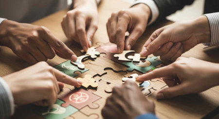 A group of diverse people working together to solve a puzzle on a wooden table