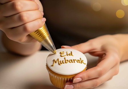 A person decorating a cupcake with Eid Mubarak message in golden icing for a festive celebration