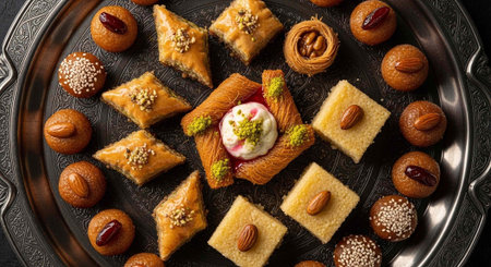 A beautifully arranged platter of assorted traditional Middle Eastern sweets and pastries, including baklava and ma'amoul.の写真素材