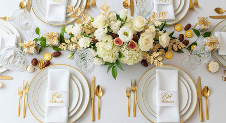 A beautifully set table with white and gold dinnerware, elegant floral arrangement, and decorative...