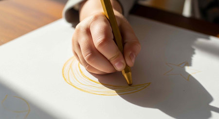 A person's hand drawing a yellow circle on a white piece of paper with a pencilの写真素材
