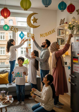 A family decorating their living room for Eid Mubarak celebration with colorful lanterns and decorationsの写真素材