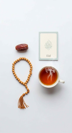 A serene still life of a cup of tea with a rosary and date on a white background