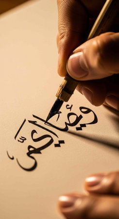 A person writing in Arabic calligraphy with a traditional dip pen on paperの写真素材