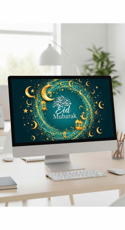 A computer monitor displays a festive Eid Mubarak message on a modern office desk with a keyboard...