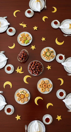 A beautifully set table with food and decorations for a festive meal or celebration with family and friendsの写真素材