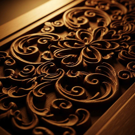 A close-up view of an intricately carved wooden panel with ornate floral patterns and swirling...