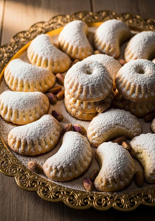 Assorted ma'amoul cookies on a golden plate, powdered sugar, pistachios, on a wooden table