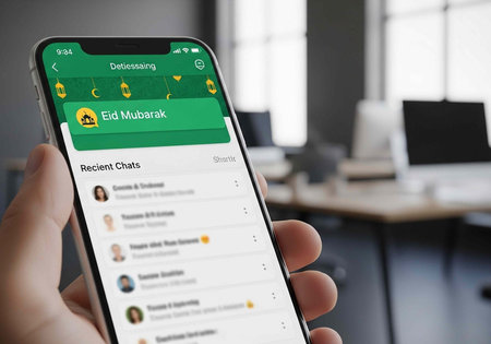 Close-up of hand holding phone with Eid Mubarak greeting and chat app in office background
