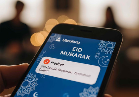 Hand holding phone with Eid Mubarak text and notification on screen