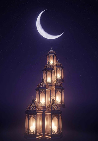 Stacked lanterns with intricate designs shine bright at night under crescent moon