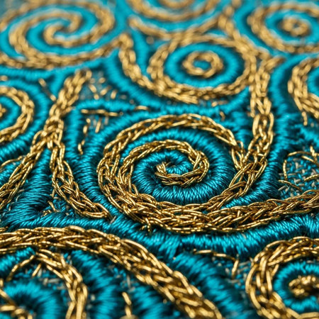 Close-up of teal fabric with gold embroidered swirls and textured thread patterns