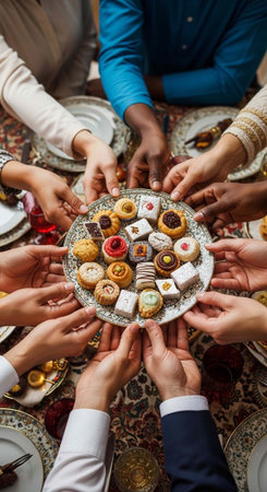 Hands of people from different ethnicities reaching for desserts on a decorative plate
