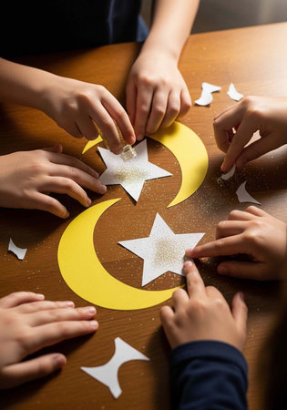 Hands of kids placing paper stars on yellow crescent moon decoration on brown wooden table