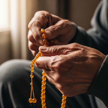 Elderly hands holding amber rosary beads in a peaceful, prayerful moment indoors.