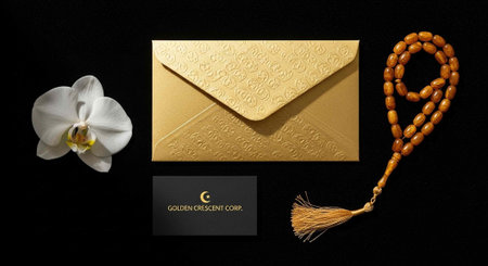 Luxurious gold envelope, white orchid, prayer beads, and business card on solid black background