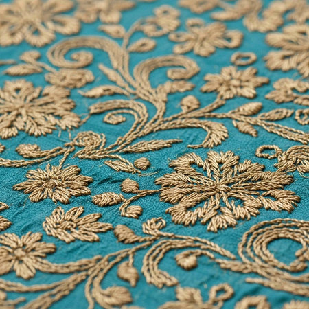 Close-up of teal fabric with gold floral embroidery, showcasing intricate stitches and ornate...
