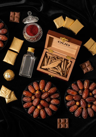 Assortment of dates, chocolates, and traditional gifts on black velvet, including oud and perfume