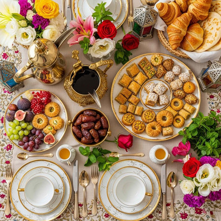 Elegant table setting with gold accents, pastries, fruits, flowers, and fine china for a special...