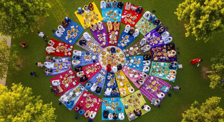 Vibrant picnic scene with multicolored blankets, people, and food arranged in a circular pattern...